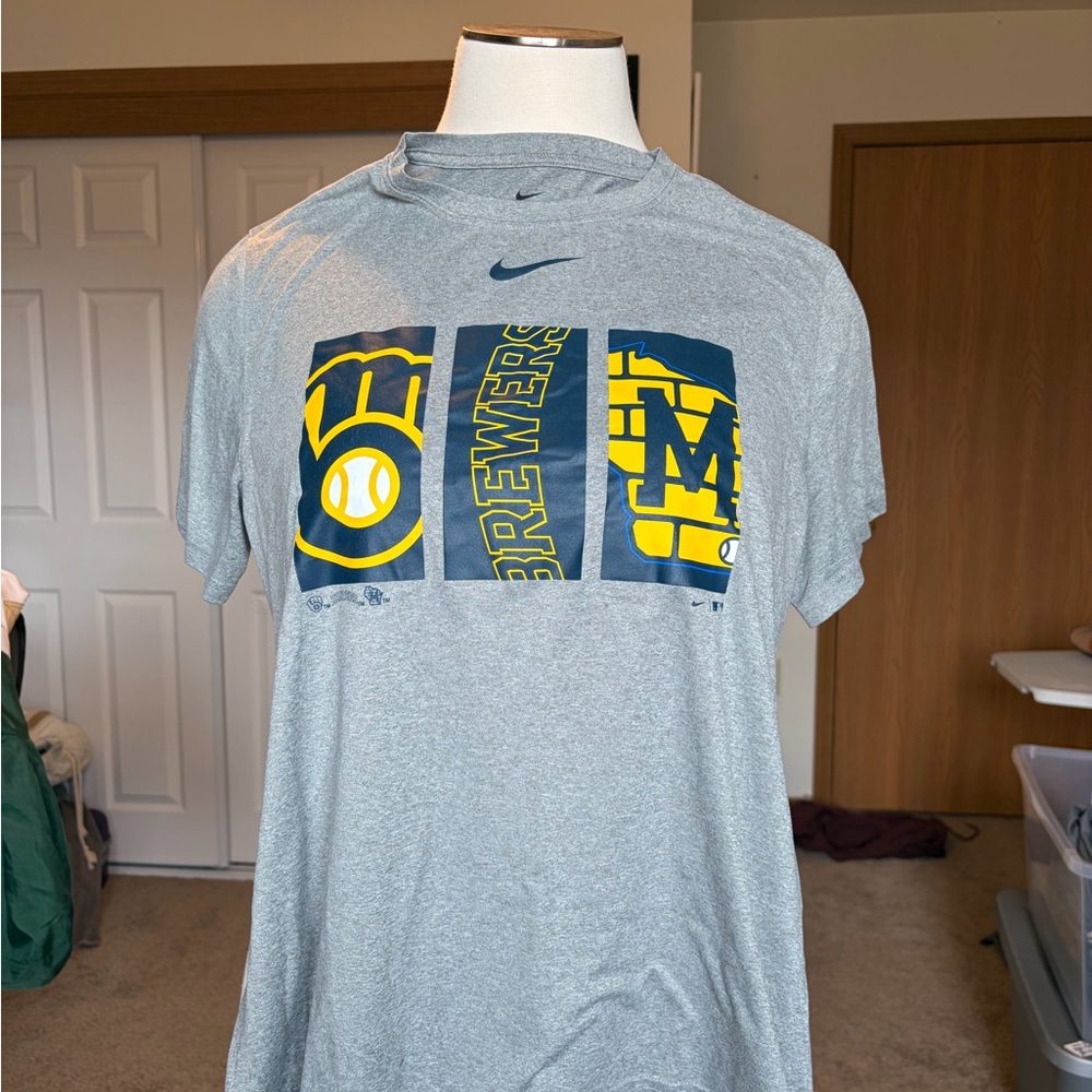 Nike Gray Brewers Graphic Short Sleeve Tee with Navy & Yellow Print